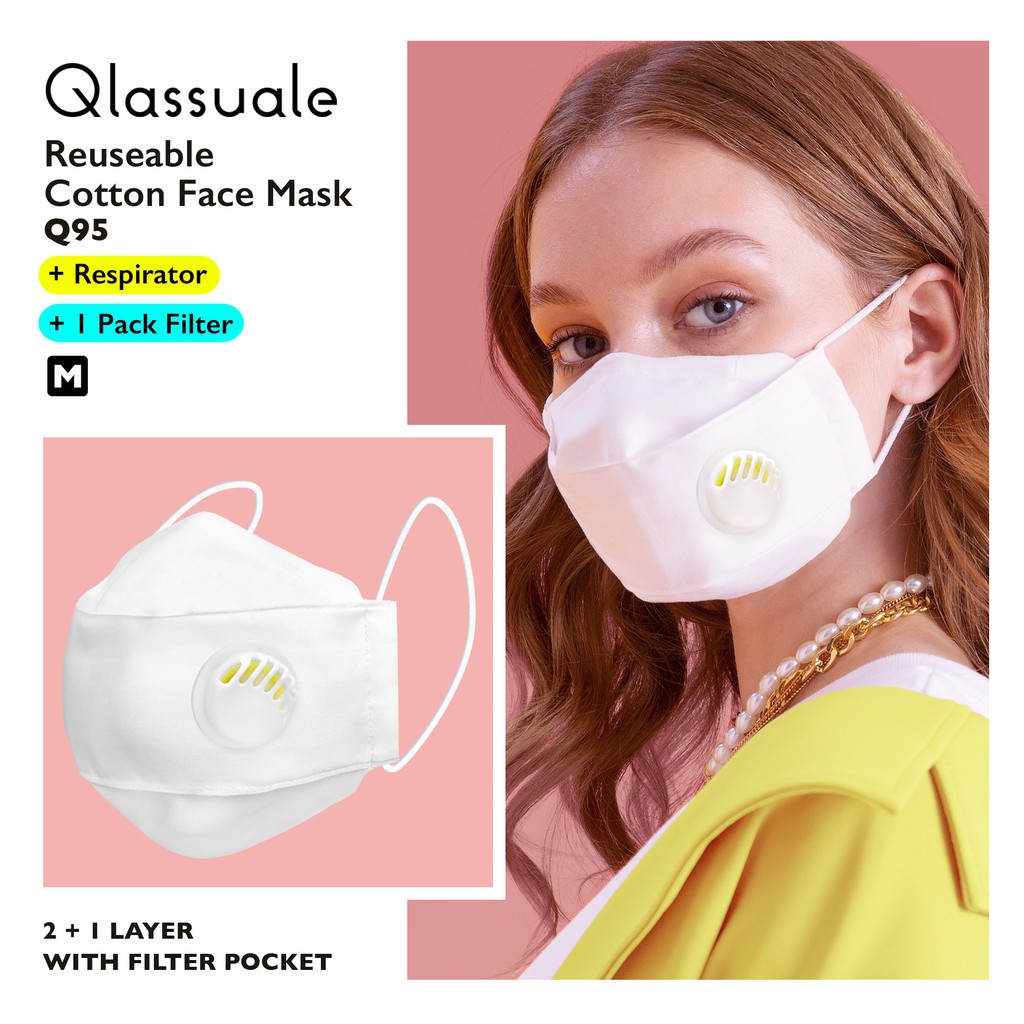 Qlassuale Q95 With Filter + Breathing Valve - White (Masker Kain 3D)