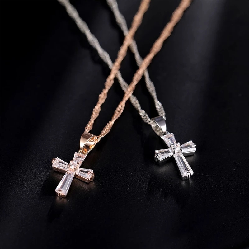 Classic Cross Crystal Pendant Necklace women Fashion Cubic Zirconia Long Necklace Jewelry Accessories Gifts Sweet Heart Jewelry