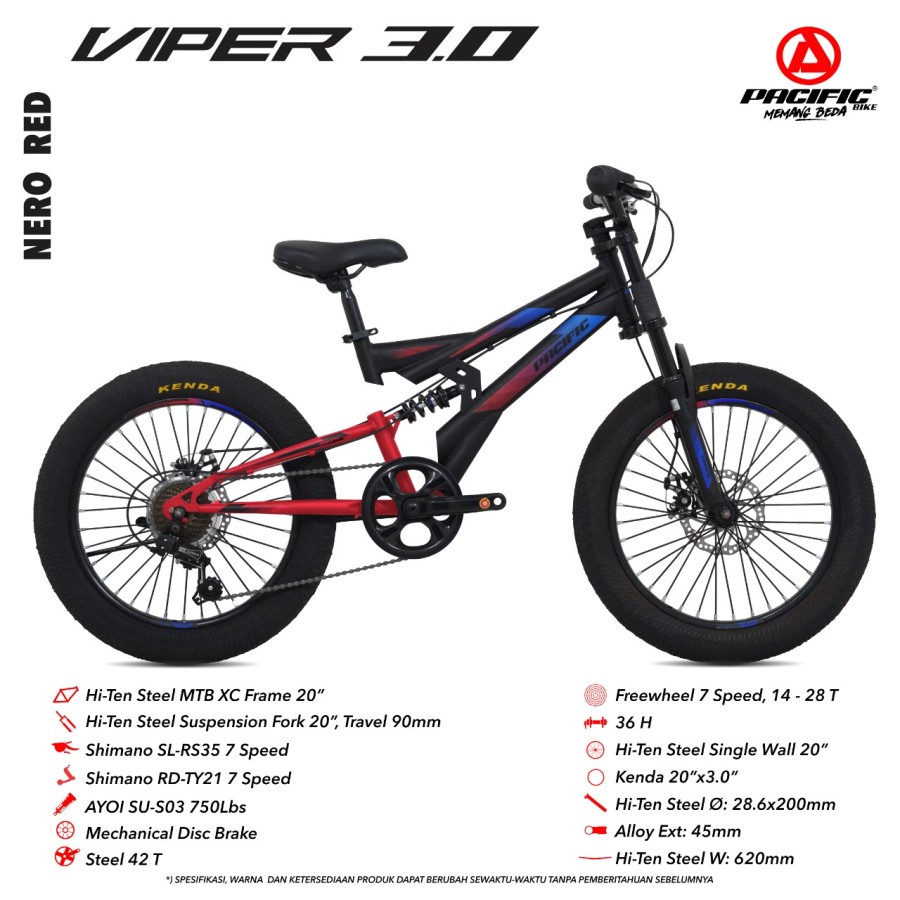 SEPEDA GUNUNG ANAK PACIFIC VIPER 3.0 20“ 7 SPEED FRAME STEEL MECHANICAL DISC BRAKE MOUNTAIN BIKE