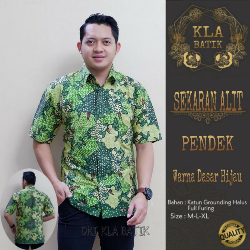 Hem Batik Lengan Pendek Pria SEKARAN ALIT PENDEK Warna Dasar Hijau Bahan Katun Halus Full Furing