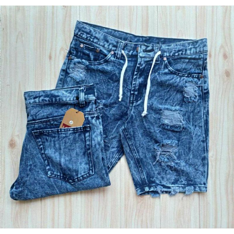 Celana Pendek Pria Ripped Jeans Navy Hitam Original Branded Sobek Robek