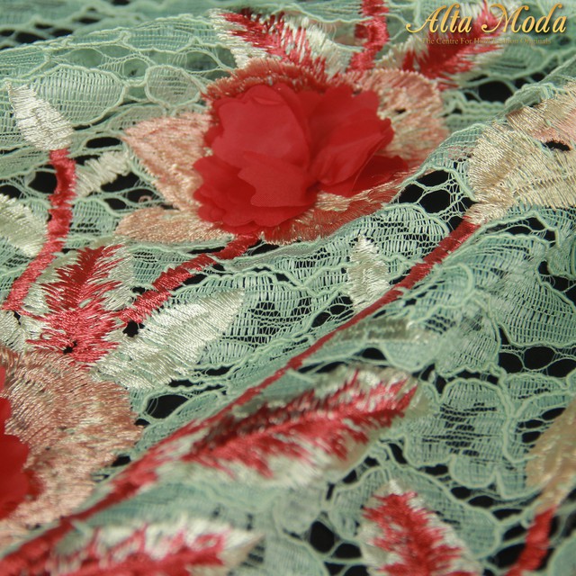 

Alta Moda Brokat Bordir Cornelli Nagita Hijau Mint Bunga Merah 3D (1M)
