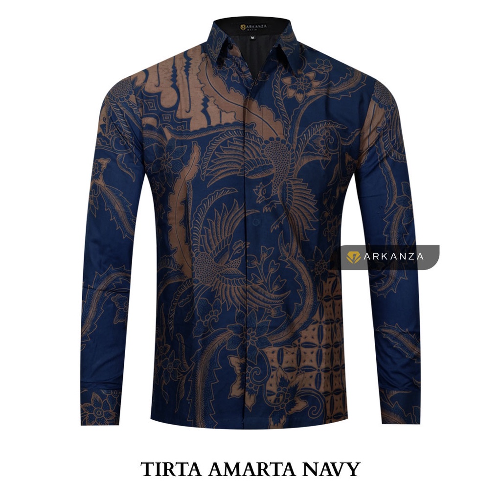 BATIK ARKANZA Motif TIRTA AMARTA NAVY Hem Atasan Kemeja Baju Batik Pria Cowok Produsen Slimfit Memakai Furing Lengan Panjang Lengan Pendek Original Asli