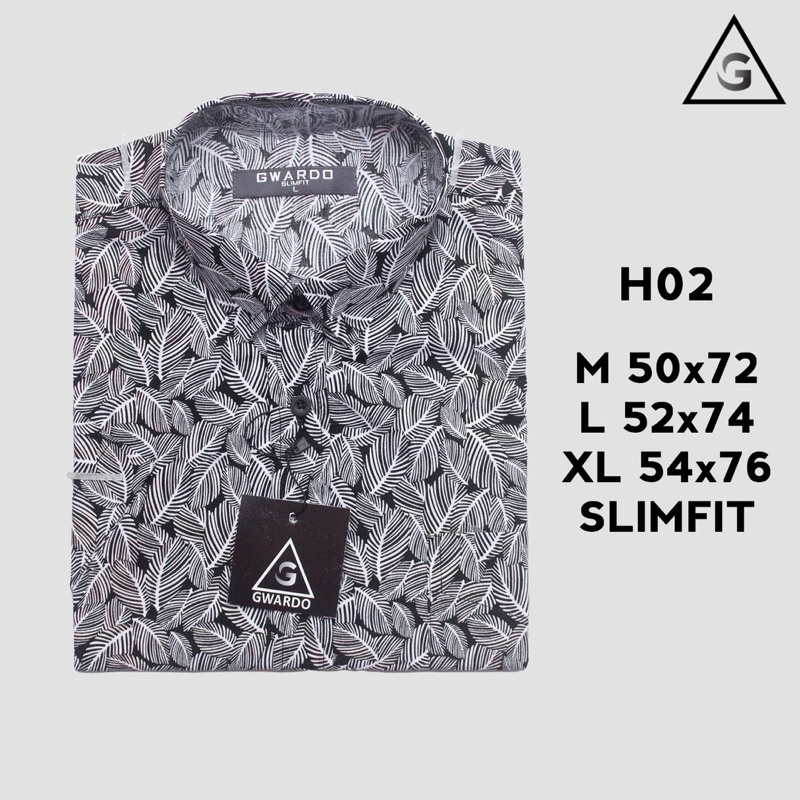 GWARDO Kemeja Hitam Motif Daun SLIMFIT Lengan Pendek dan Panjang H02