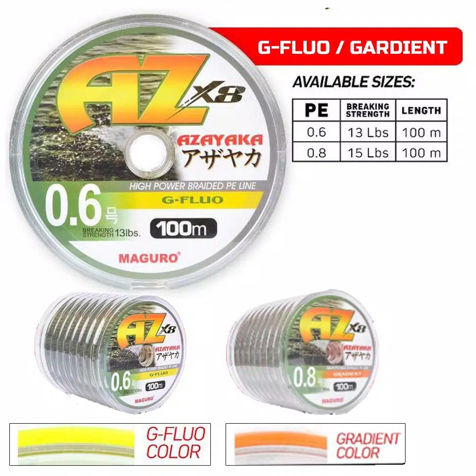 Senar PE MAGURO AZAYAKA X8 GRADIENT G-FLUO PE0.6 / PE0.8 | Connecting /100m | Casting