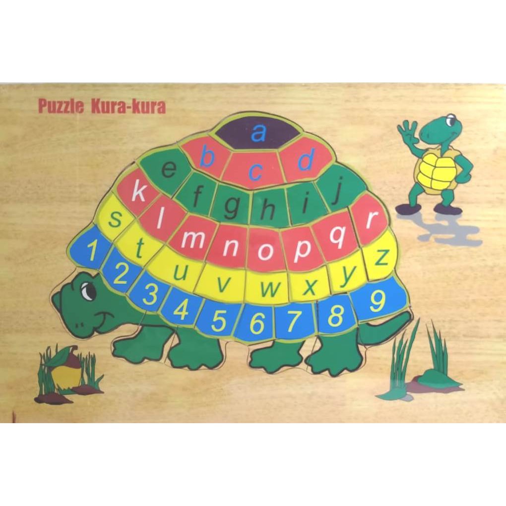 PUZZLE KAYU / MAINAN EDUKASI / PUZZLEGAMBAR KURA HURUF ABJAD / ALFABET DAN ANGKA. RIENS COLLECTIONS