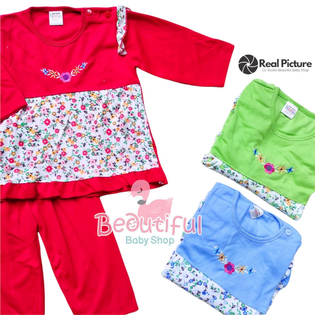 Baby.ou - Setelan Baju Bayi Perempuan Tangan Panjang Celana Panjang Motif Bunga Rantai / Setelan Piyama Bayi Perempuan 3-12 Bulan / Baju Bayi Perempuan Fauzan