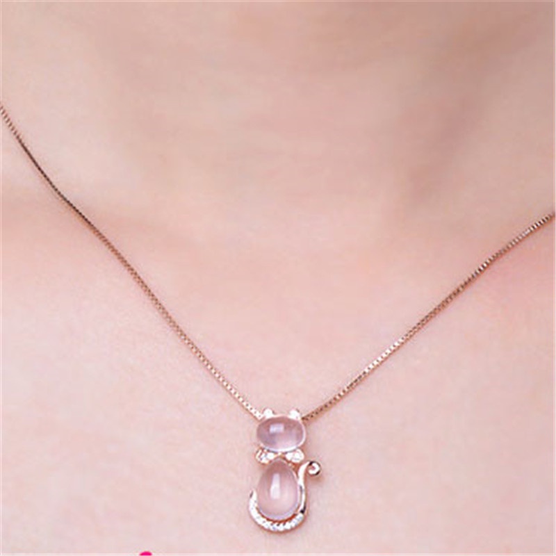 [Ready Stock]Fashion Inlaid Pink Crystal Cat Pendant Cute Necklace