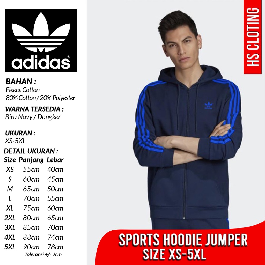 Jaket ADIDAS Trefoil XS-5XL Hoodie Zipper Sport HSCLO Bahan Katun Fleece Biru Navy Dongker Big Size 