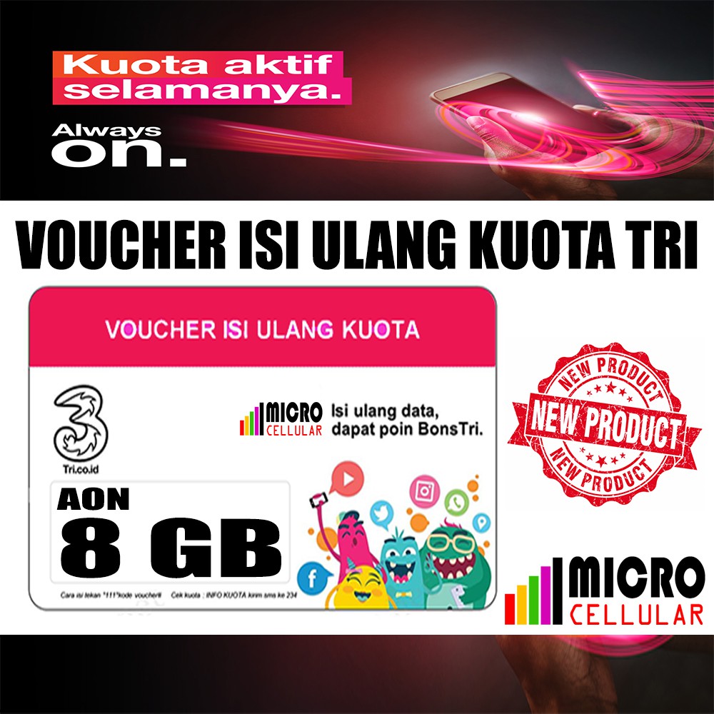 Voucher TRI AON 8 GB Kuota Reguler 24 Jam Berlaku Nasional - AlwaysON Kuota Aktif Selamanya