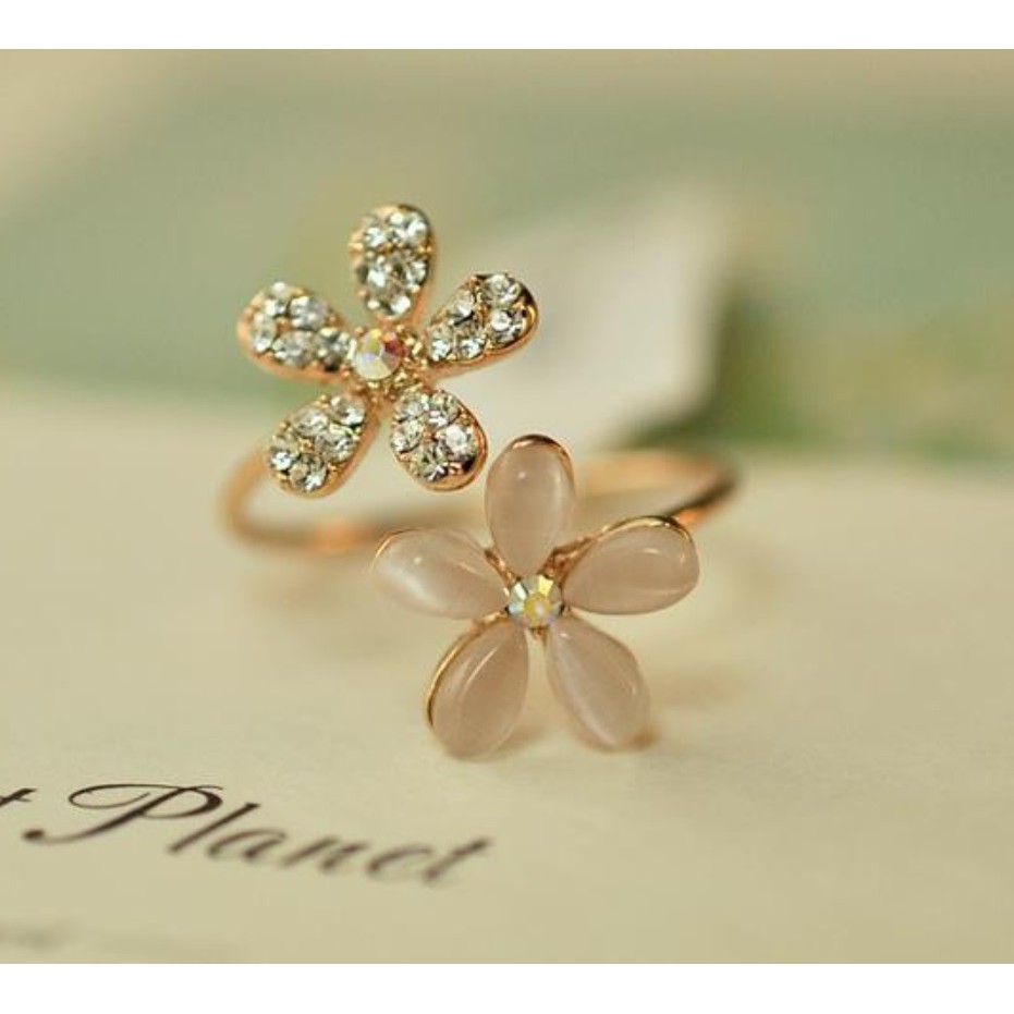 Cincin Wanita D20 TWIN DAISY Berkilau Premium High Quality Korean Style Women Ring Cewe Nuansa Pink