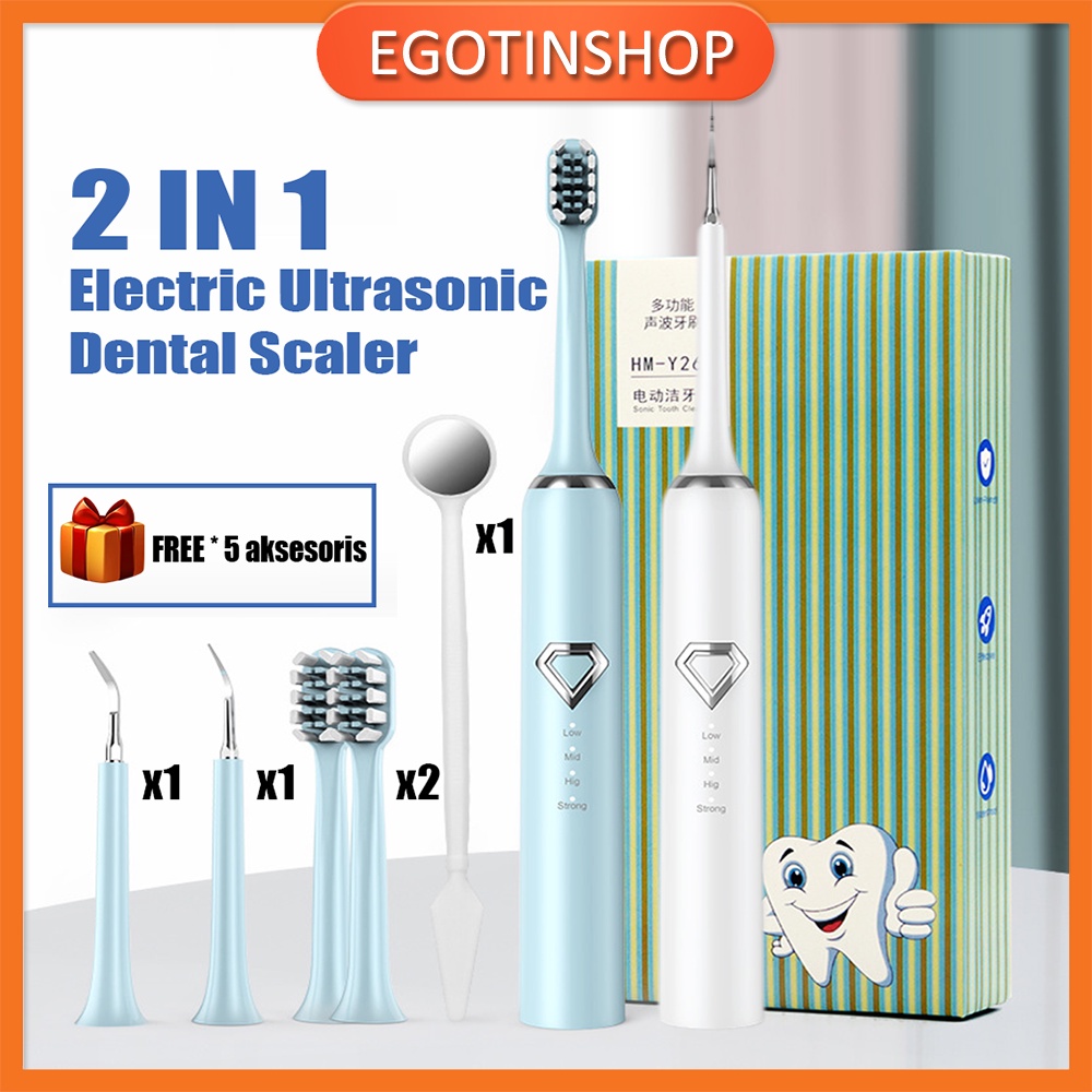 2 in 1 Electric Ultrasonic Sonic Dental Scaler USB Toothbrush Tooth Cleaner IPX7 Waterproof Whiten Teeth Tartar Remover Tool FREE 5 Aksesoris