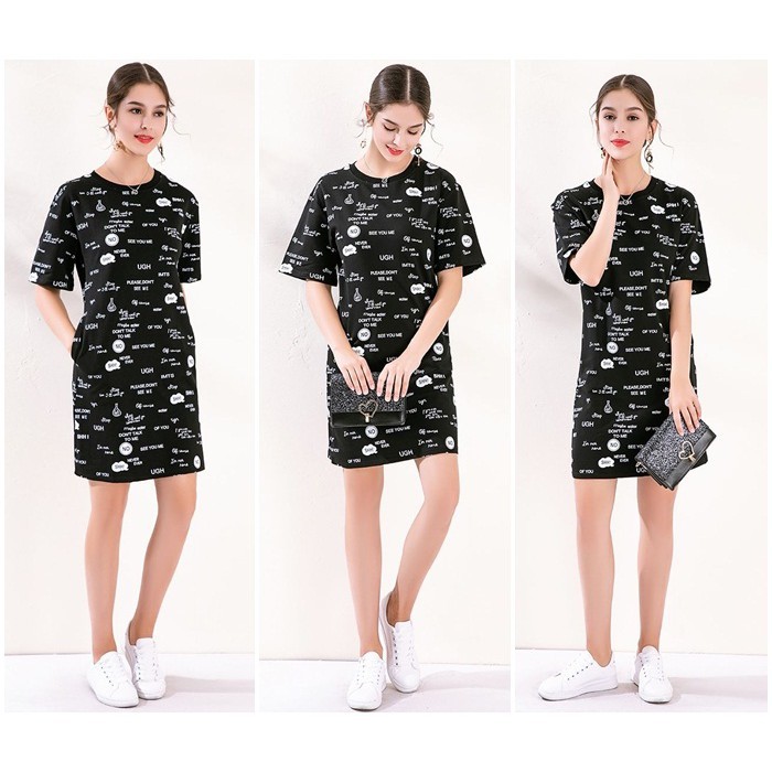 [baju wanita korea]  Casual Mini Dress Kaos Santai Wanita Korea Import Hitam Black