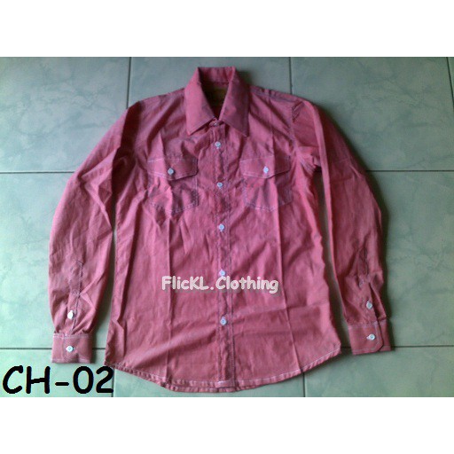 Kemeja Chambray Denim Polos Lengan Panjang Lengan Pendek