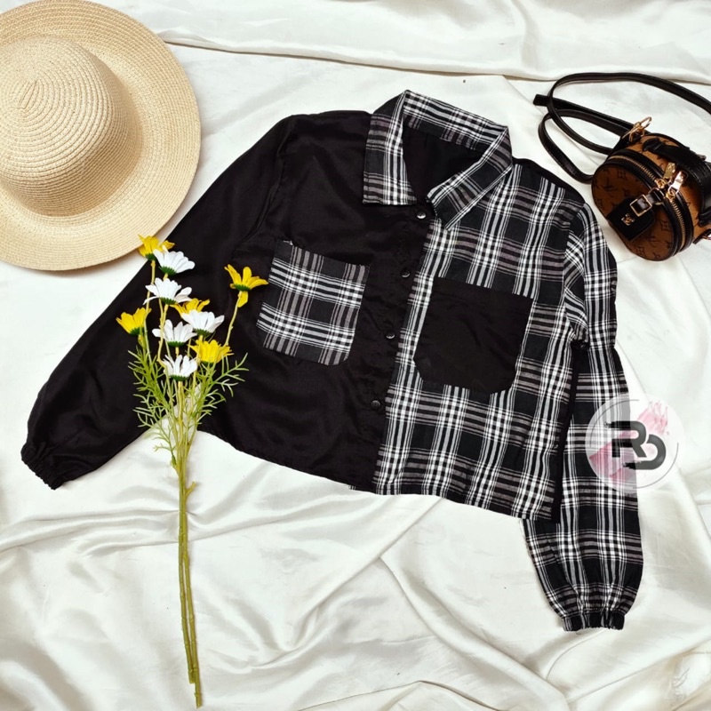 RD FASHION Mika Crop Top / KEMEJA CROP / kemeja TWO TONE / TARTAN KEMEJA CROP / TARTAN CROP-KERLI HITAM