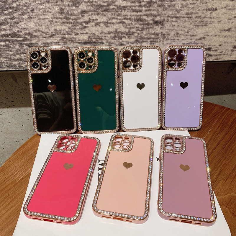 Case Bumper Belakang Desain Hati Bling Berlian Imitasi Untuk Iphone 12 11 13 Pro Max X XR XS Max 7 8 Plus SE 2020