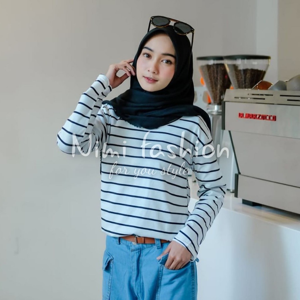 KAOS SALUR WANITA LENGAN PANJANG BAYAR DI TEMPAT (COD) / BAJU ATASAN WANITA I HITAM PUTIH I SPANDEK