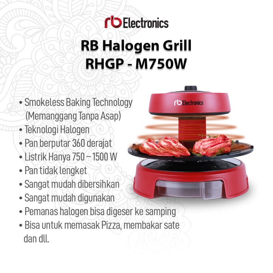 RB BBQ Halogen Grill RH-GP M750 Memanggang Tanpa Asap Spinning Pan