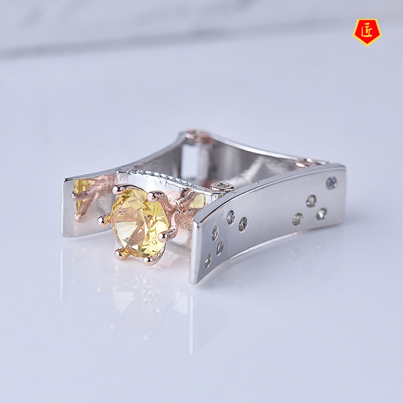 [Ready Stock]Creative Personality Citrine Ring 18K Rose Gold Two-Tone