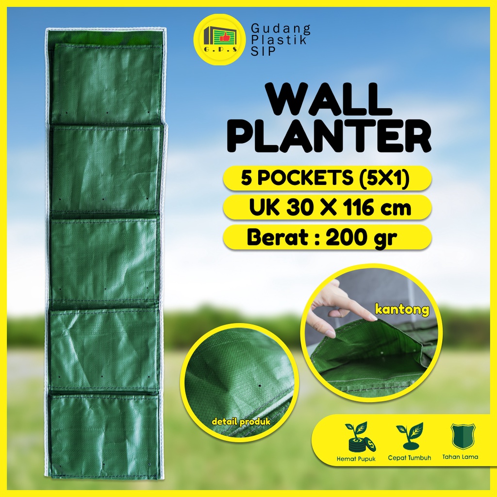 Wall Planter Bag 5 Kantong / Pot Dinding - Hijau / (Vertical)