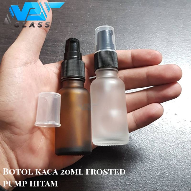 botol kaca 20ml frosted pump hitam / botol kaca 20ml doff treatmentpump