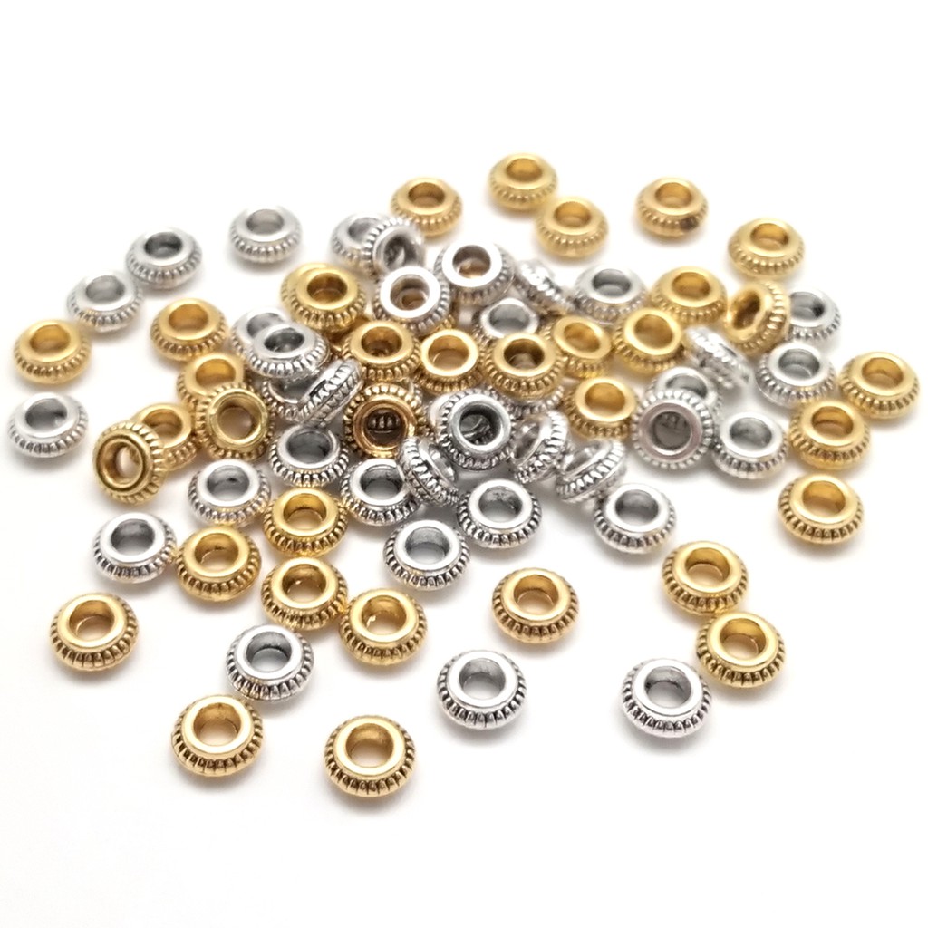 50 / 30pcs Manik-Manik Bulat Datar Bahan Zinc Alloy Logam Ukuran 7x3 / 8x6mm Untuk Membuat Perhiasan Gelang Kalung