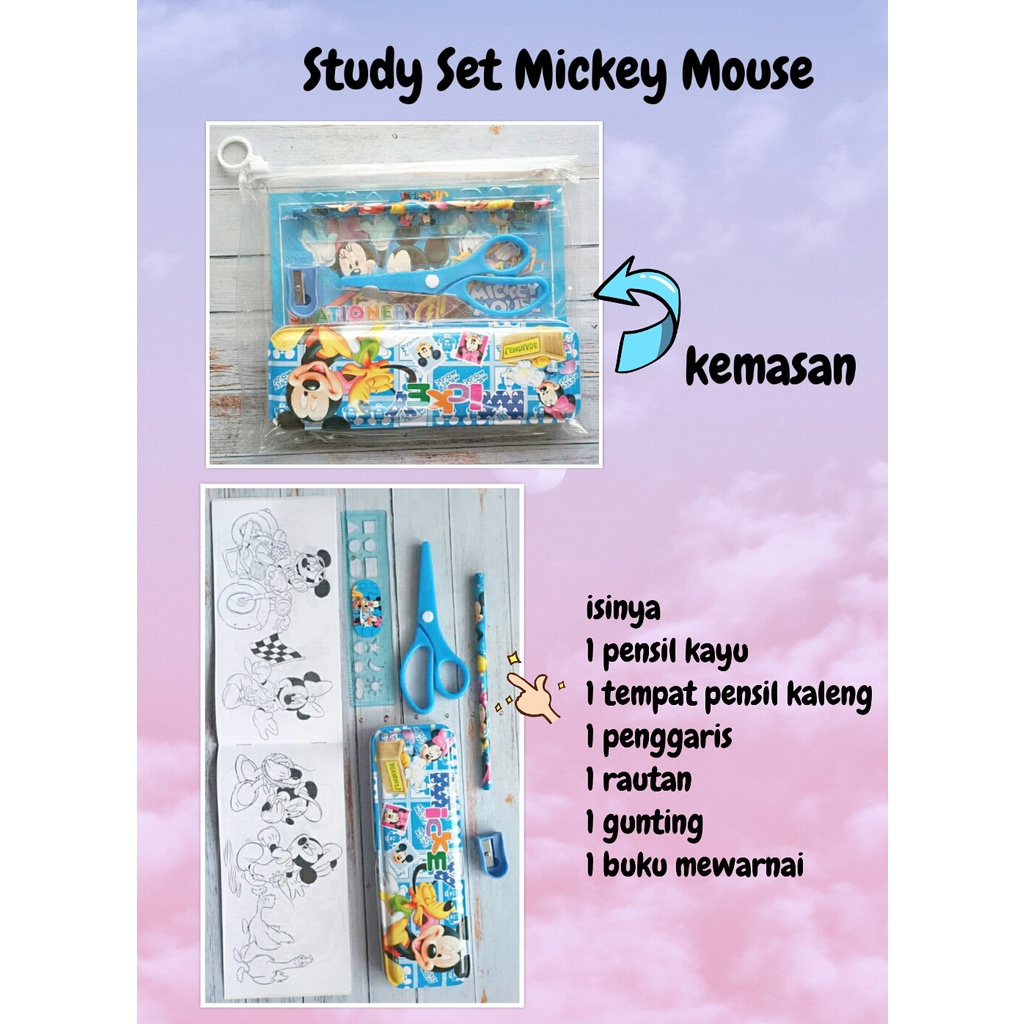 

paket alat tulis study set, gunting & buku mewarnai karakter mickey mouse