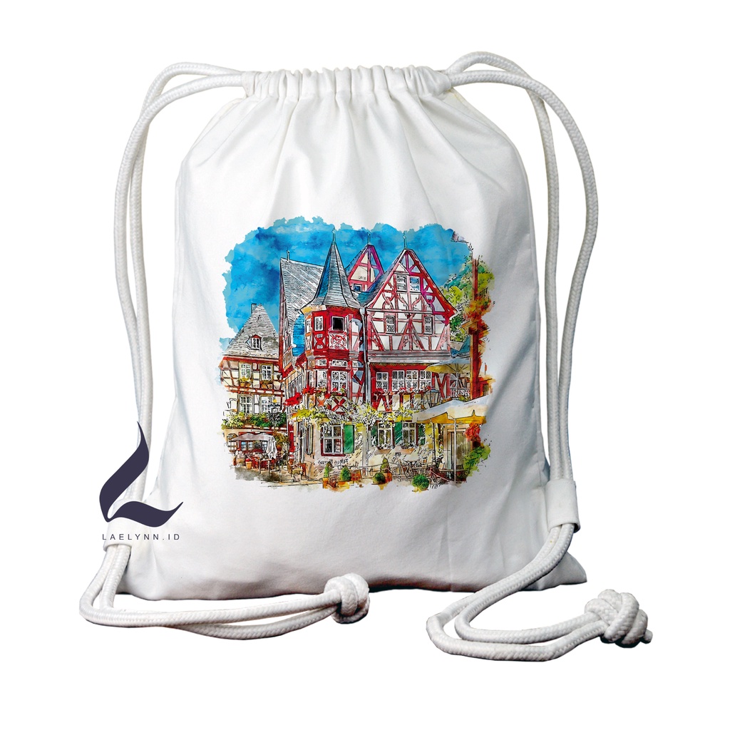 LAELYNN - STRING BAG TAS SERUT KANVAS PREMIUM Motif Destination Watercolor - DWC0916