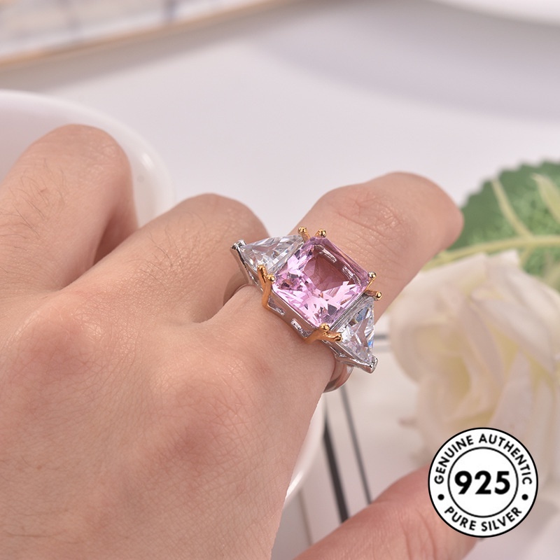 Cincin S925 Silver Bentuk Kotak Aksen Berlian Warna Pink