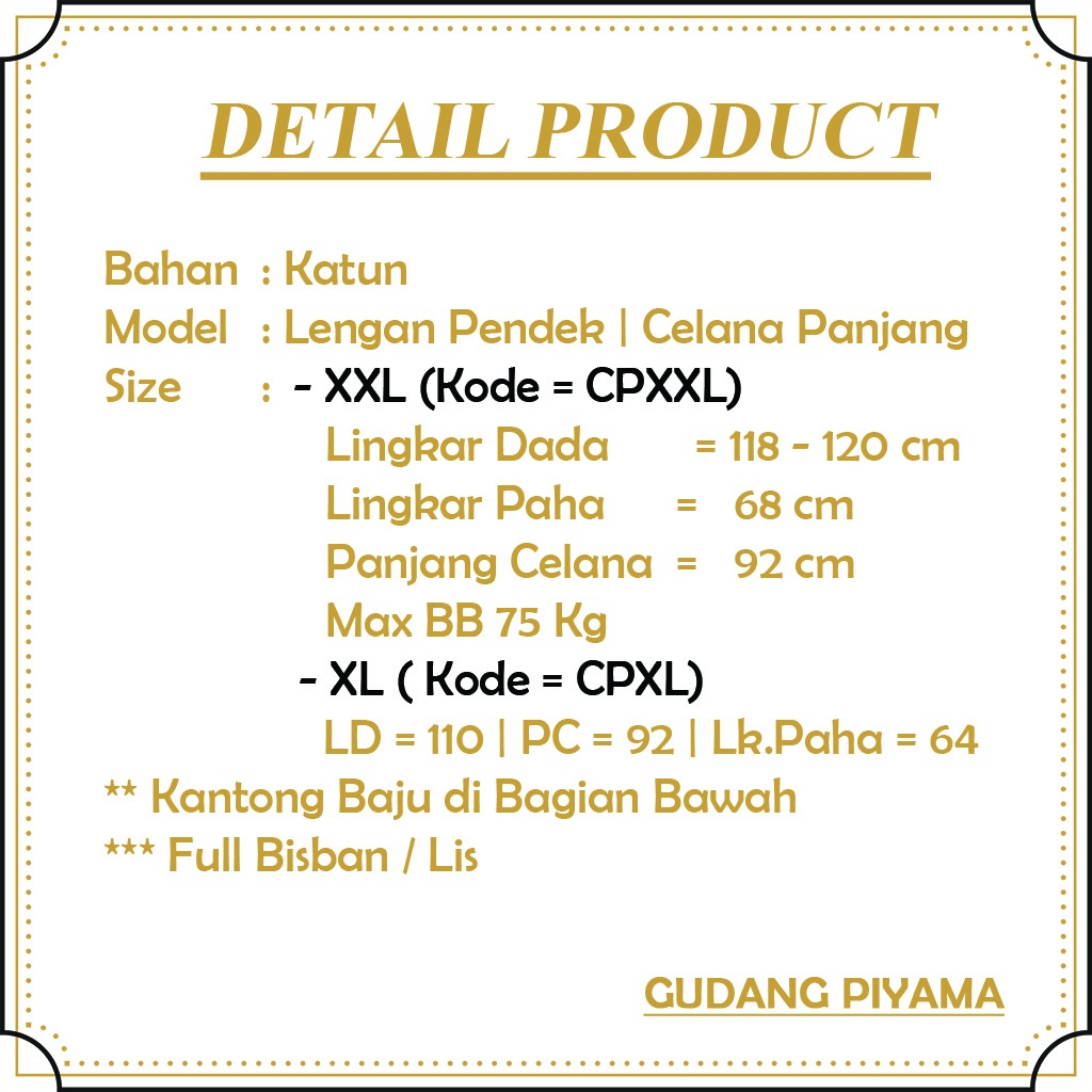 Baju Tidur Piyama Dewasa Setelan Jumbo Size  XXL LD 120