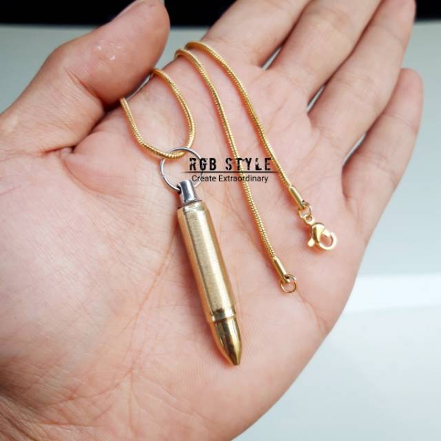 Kalung Pria Liontin Peluru Gold Emas Kecil - Kalung Titanium Bandul Tabung 316L