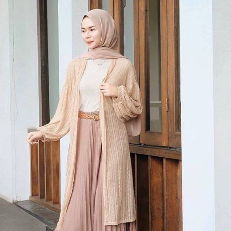 PROMO Long Outer Panjang Kardygan Lace Brukat Lengan Balon | Cardigan Baju Wanita Muslimah | Busana Pantai-7