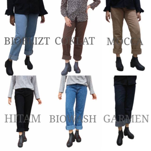  Celana  jeans boyfriend  plain cewek wanita bioblizt biru  