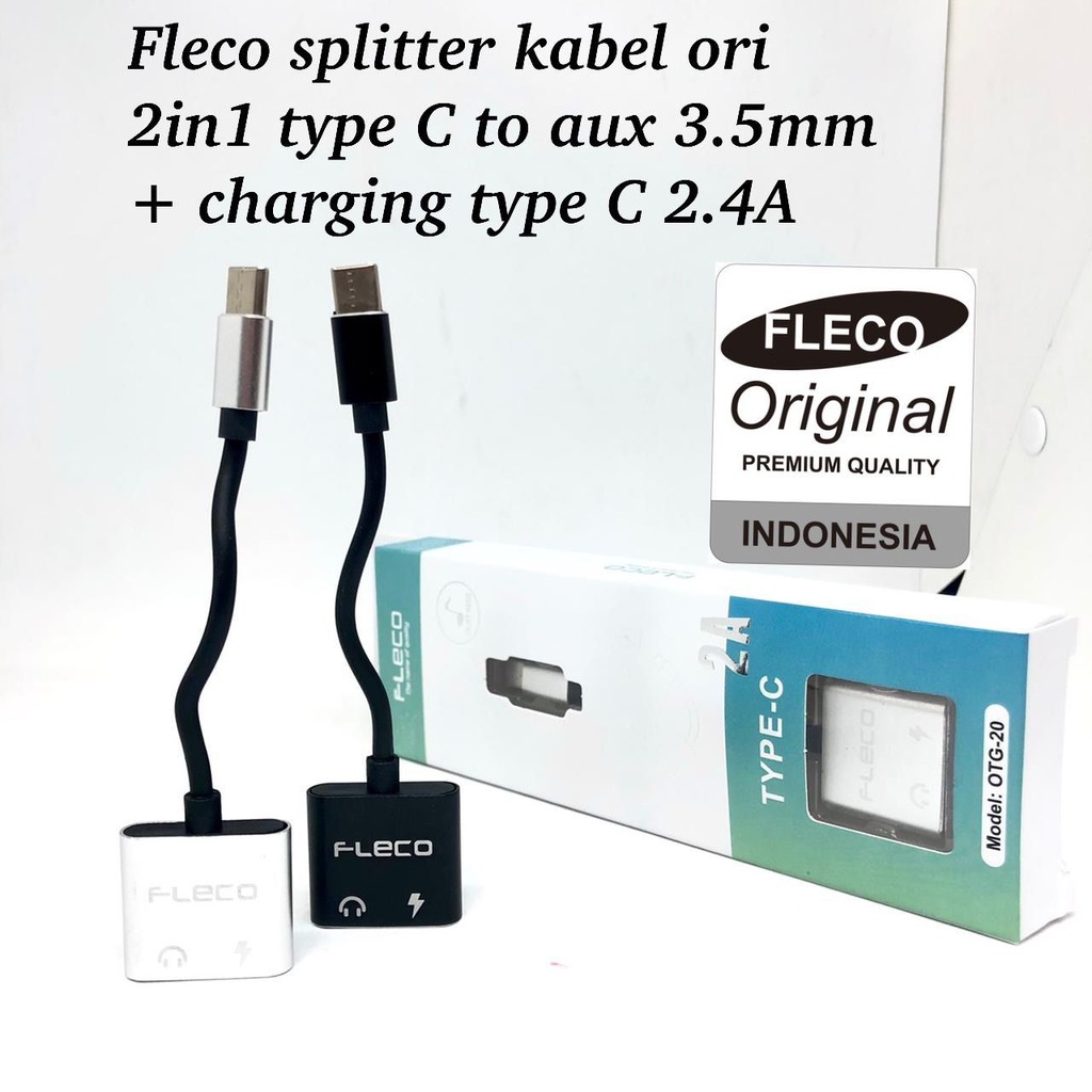 FLECO OTG-20 Adapter Spliter Kabel Type C 2 in 1 to Female AUX Headset 3.5mm & Charging Tipe C JH020