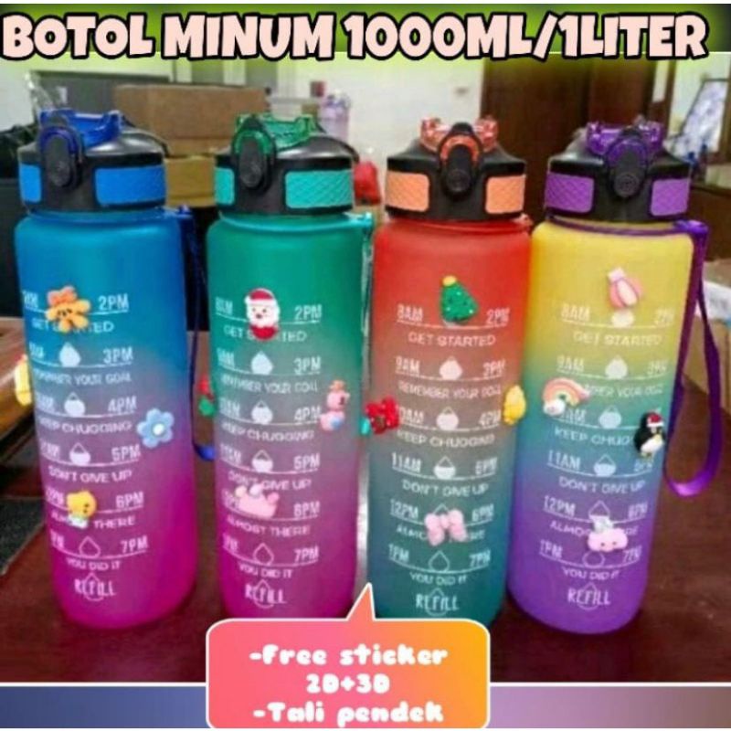 Botol Minum 1 Liter Viral/Botol 1000 ml Gradasi Free Stiker 2D 3D/Free