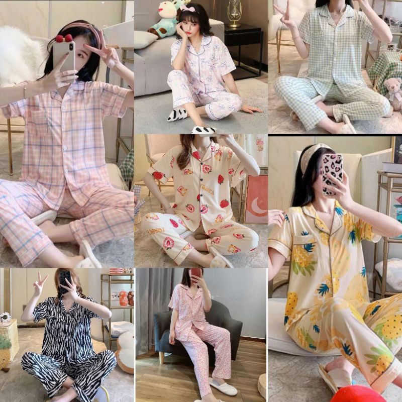 Baju tidur wanita lengan pendek | Piyama CP wanita import krah spandek