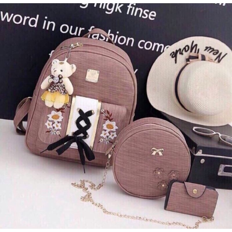 (COD)Backpack Golden Flower 3in1 Tas Ransel Ala Korea Termurah Ransel Kasual Wanita Tas Kulit Kualitas Tinggi
