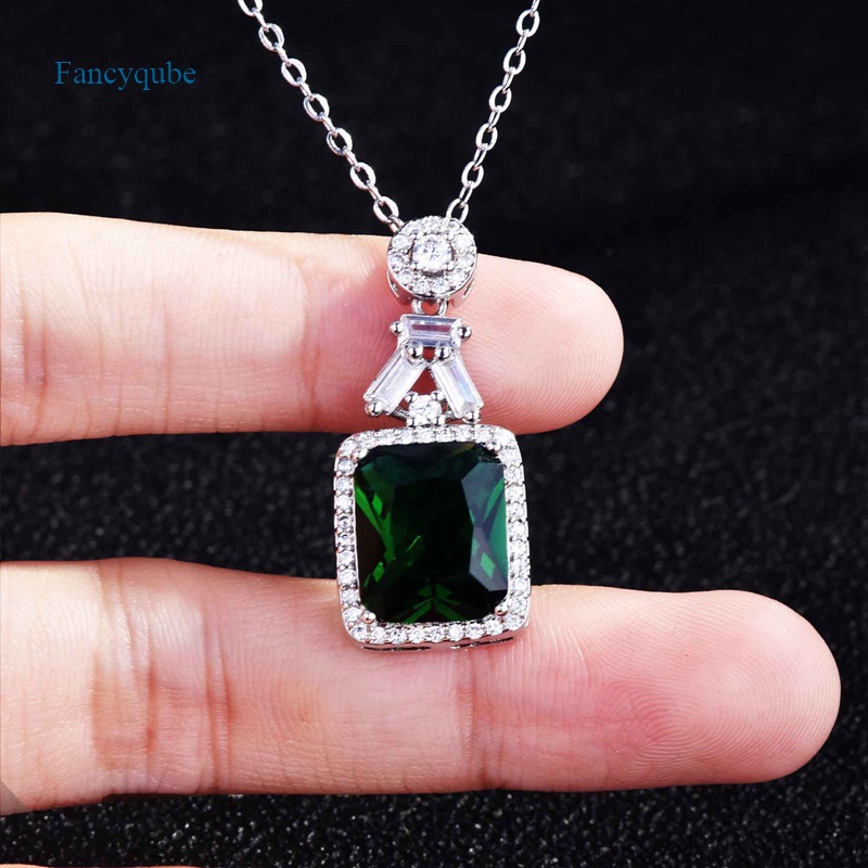 Fancyqube Kalung Choker Silver 925 Hias Liontin Zirkon Bentuk Persegi Warna Hijau Gaya Vintage Untuk Wanita
