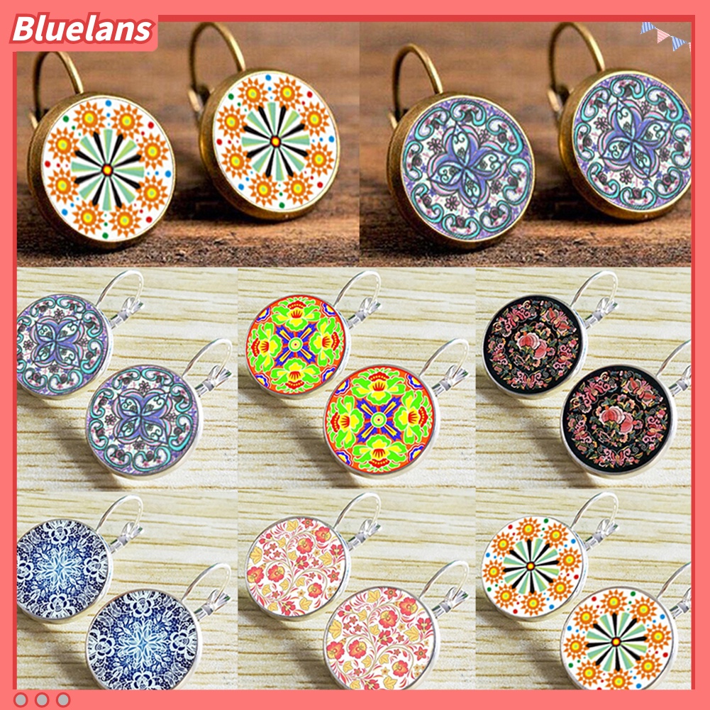 Bluelans Anting Klip Bentuk Bulat Motif Bunga Mandala Gaya Retro Untuk Wanita