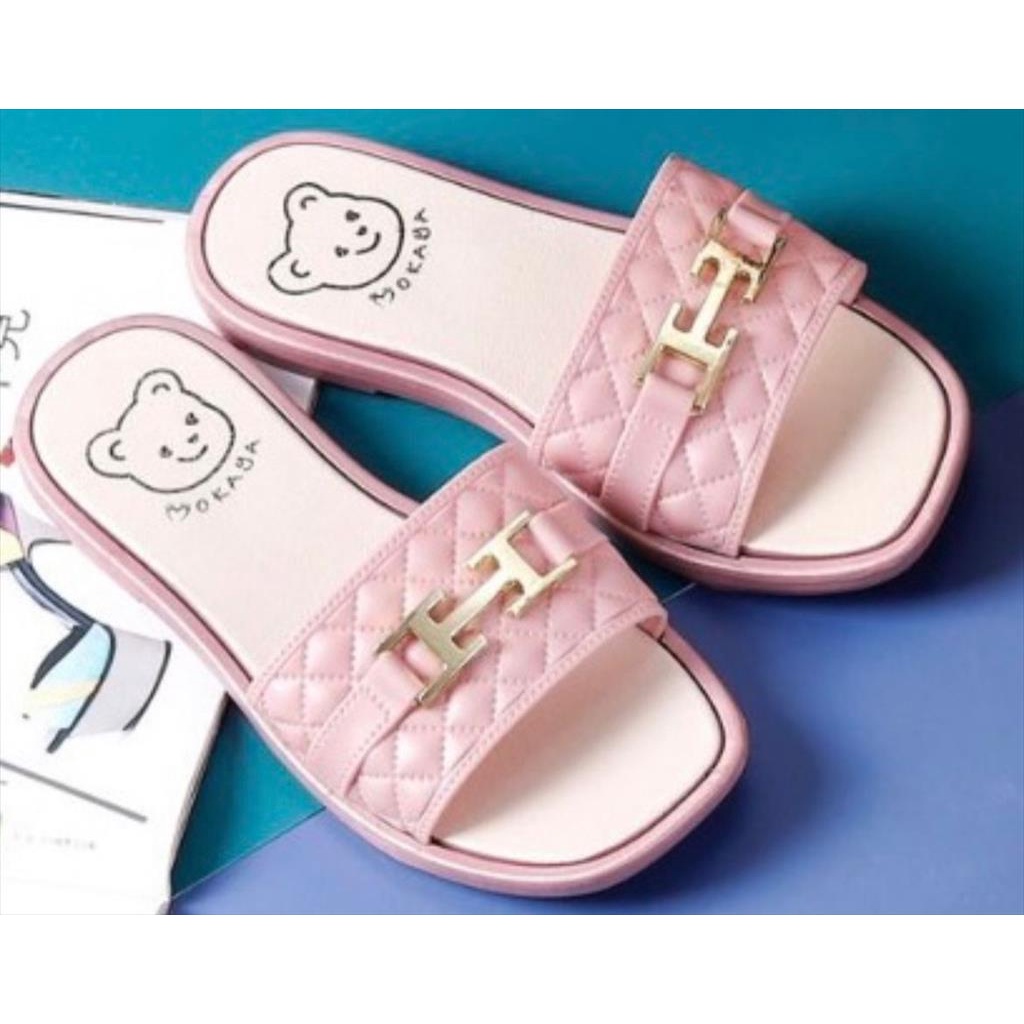 Sandal Slop Jelly Wanita Ban Gesper H Sol Bear Super Mewah Keren Elegant Import Mokaya / Size 37-41 (2199-91)-pink muda