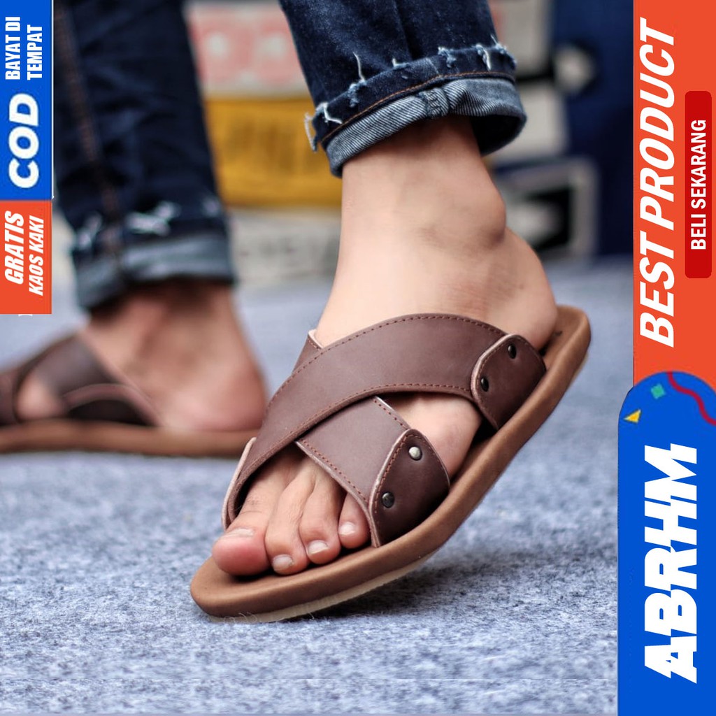 ABRHM x XMIN Sandal Slide Pria Sandal Slop Pria Kulit Asli Sendal Selop Cowok / Cowo Ori Kekinian