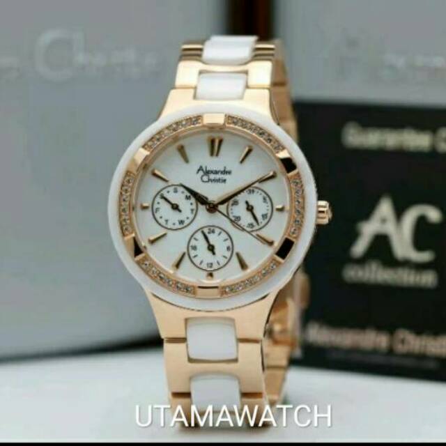 JAM TANGAN CEWEK / WANITA ALEXANDRE CHRISTIE ROSE GOLD WHITE TALI KERAMIK - ROSEGOLD PUTIH AC 2299