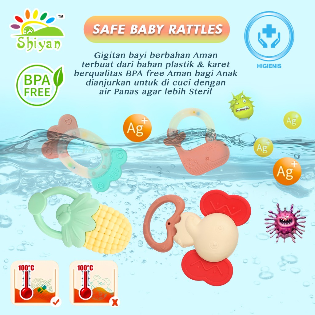 [Shiyan] mainan bayi edukasi shaking bell dan toy teether dengan bahan silikon dan plastik aman Varian Random