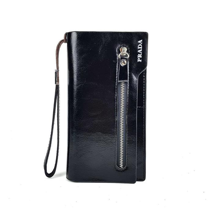607J Dompet Kulit Pria Wanita Panjang Import Branded Prada Ruur-1 Black Top