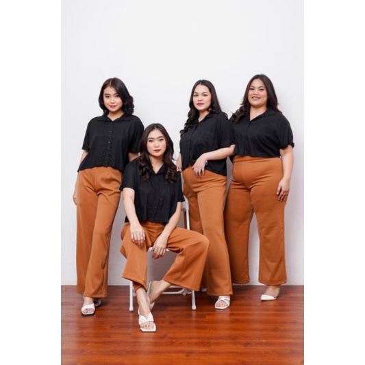 Oversized Rayon Crop Top Kemeja Wanita Casual Big Size Jumbo Polos Lengan Pendek-Black