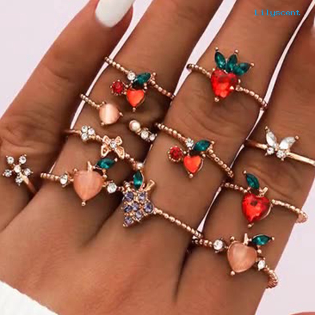 11pcs Cincin Knuckle Bentuk Buah Aksen Berlian Imitasi Electroplating Untuk Wanita