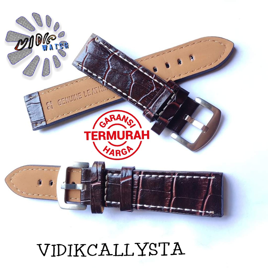 Tali jam Tangan kulit motif jahit Putih 22mm Coklat tua 22 mm