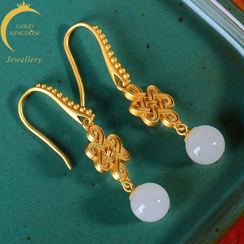 Goldkingdom Perhiasan Fashion 24K Bangkok Aksesoris Ready Stock Yang Baru Wada Giok Gaya Wanita Warisan Emas Asli Kadar 375 Bertatahkan Giok Putih Manik-Manik Bulat Anting Retro