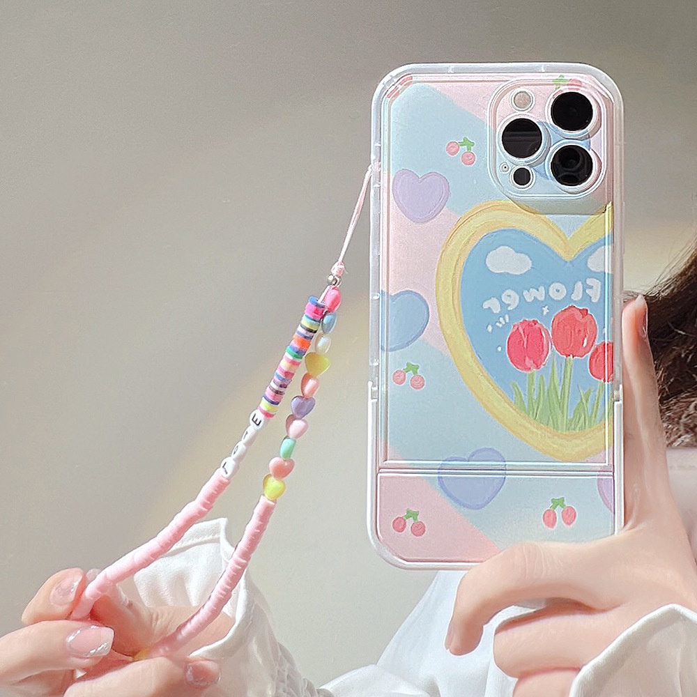 Case Pelindung Transparan Motif Rantai Bunga Dengan Holder Untuk Iphone 11 8 7 Plus SE2 XS XR 12 13 PRO MAX