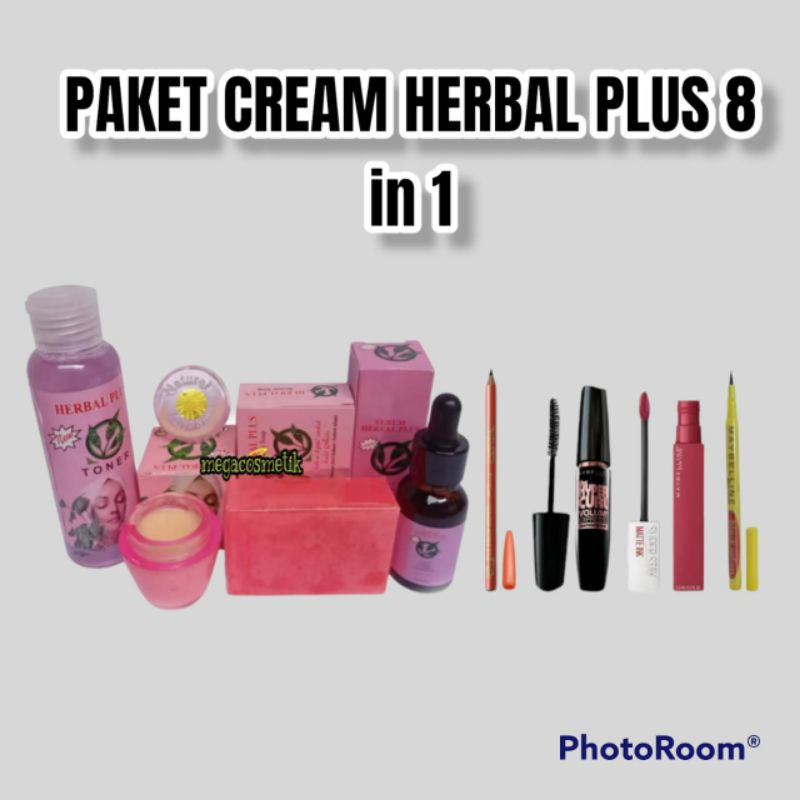 Paket Cream Herbal Plus 8 In 1 / cream siang malam, sabun, toner, serum, lipcream, maskara, Eyeliner, pensil alis